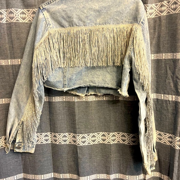 Fringe Light Denim Cropped Jacket | Size Medium - Picture 1 of 6